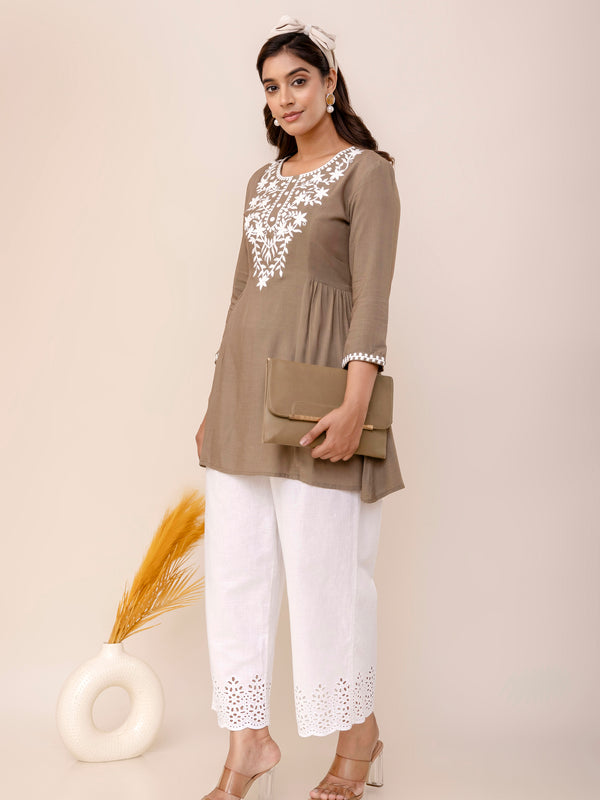 Grey Rayon Hip Length Solid Round Neck Solid Embroidered Straight Top