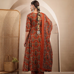 Gulmohar Jaipur Cotton Calf Length Printed 3/4 Sleeves V-Neck Anarkali Kurta Suit Set