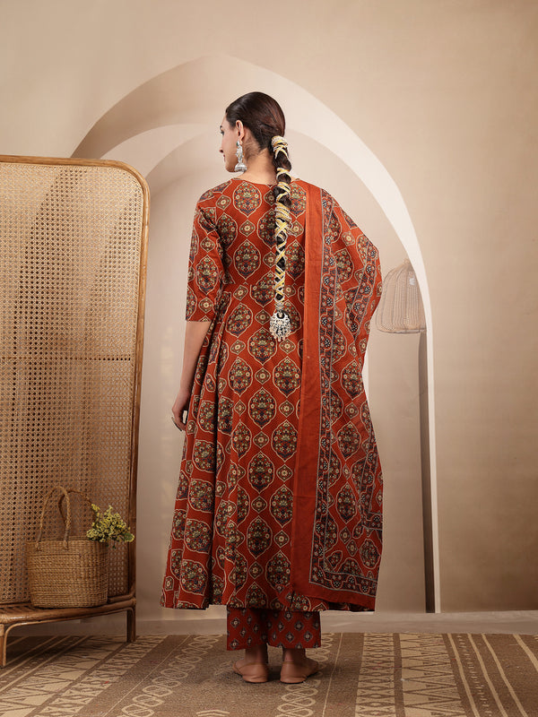 Gulmohar Jaipur Cotton Calf Length Printed 3/4 Sleeves V-Neck Anarkali Kurta Suit Set