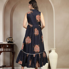 Gulmohar Jaipur Cotton Calf Length Printed Sleeveless Collard Neck Flared Kurta