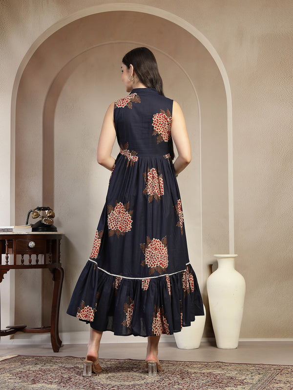 Gulmohar Jaipur Cotton Calf Length Printed Sleeveless Collard Neck Flared Kurta