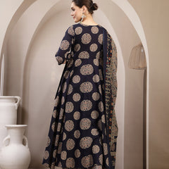 Gulmohar Jaipur Cotton Calf Length Printed 3/4 Sleeve V-Neck Anarkali Kurta Suit Set
