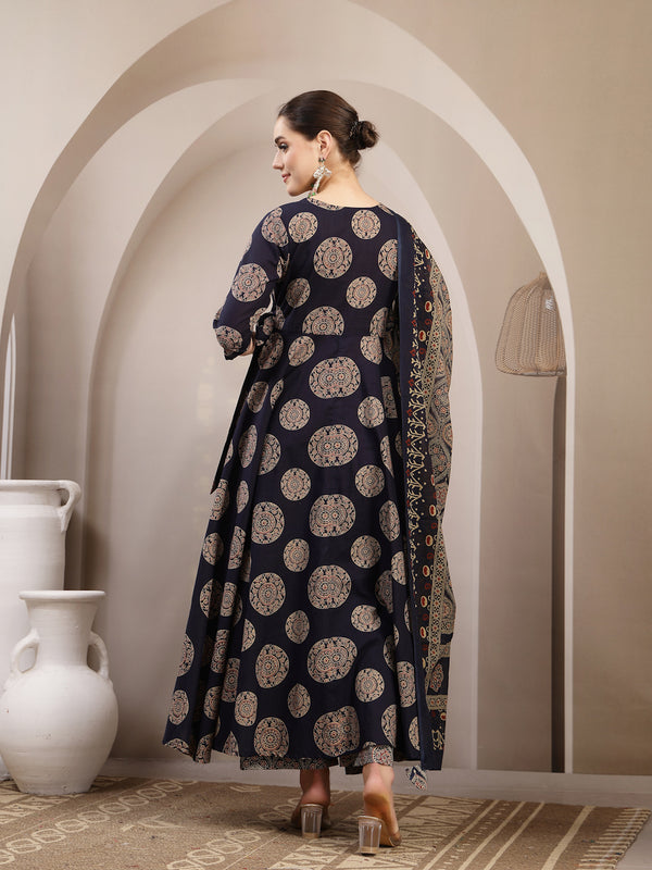 Gulmohar Jaipur Cotton Calf Length Printed 3/4 Sleeve V-Neck Anarkali Kurta Suit Set