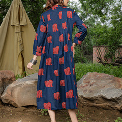 Gulmohar Jaipur Cotton Calf Length Printed Full Sleeve Shirt Collar Flared Dress