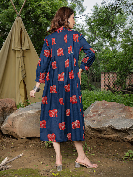 Gulmohar Jaipur Cotton Calf Length Printed Full Sleeve Shirt Collar Flared Dress