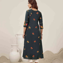 Rayon Calf Length Printed 3/4 Sleeve V-Neck Flared Kurta