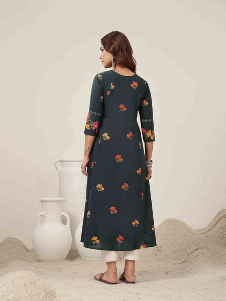 Rayon Calf Length Printed 3/4 Sleeve V-Neck Flared Kurta