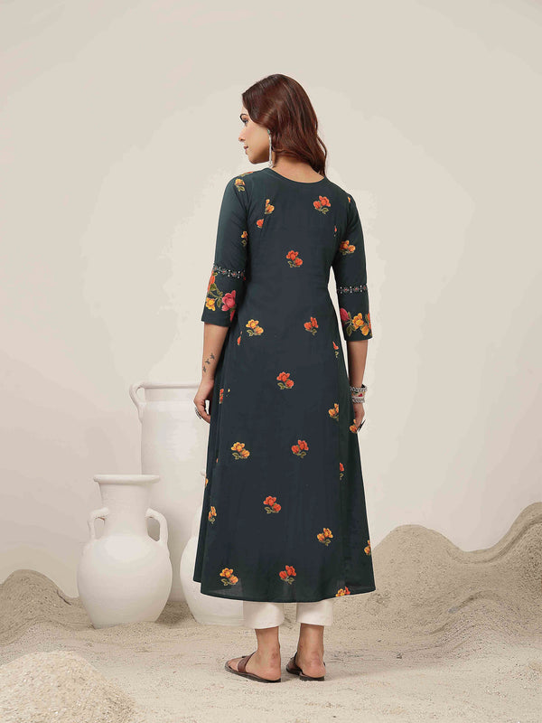 Rayon Calf Length Printed 3/4 Sleeve V-Neck Flared Kurta
