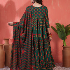 Cotton Calf Length Printed 3/4 Sleeves Key Hole Neck Anarkali Kurta Suit Set