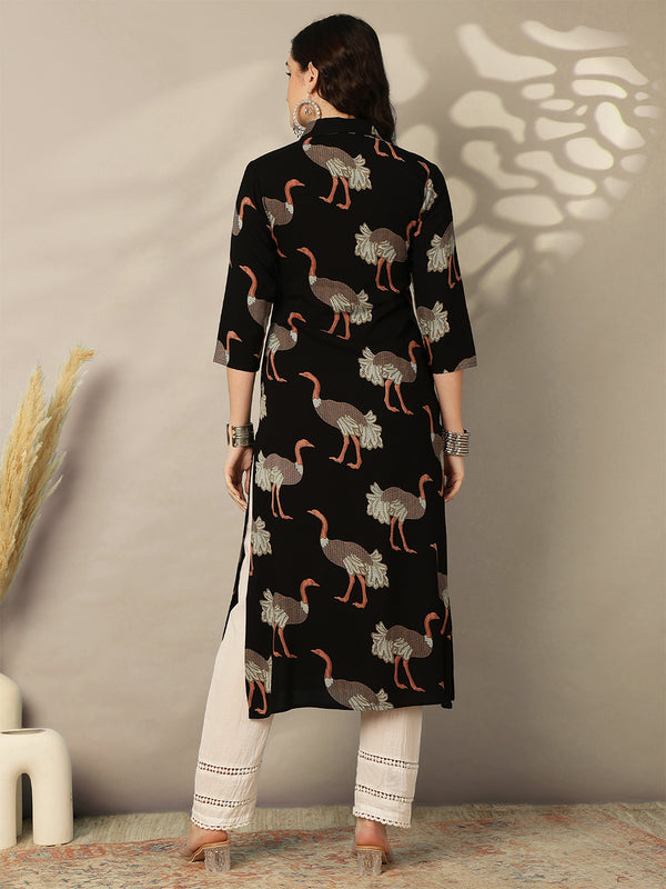 Rayon Calf Length Printed Straight 3/4 Sleeves Shirt Collar Kurta
