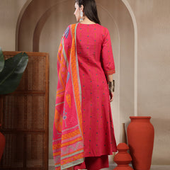 Gulmohar Jaipur Rayon Calf Length Printed 3/4 Sleeves Round Neck A-Line Kurta Suit Set