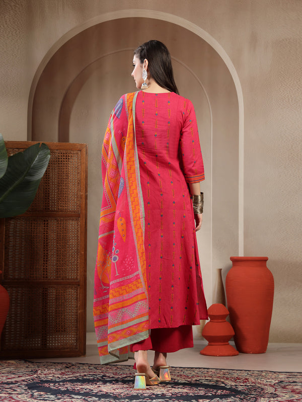 Gulmohar Jaipur Rayon Calf Length Printed 3/4 Sleeves Round Neck A-Line Kurta Suit Set