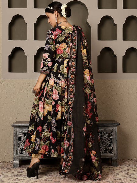 Black Cotton Calf Length Printed V-Neck Anarkali Kurta Suit Set