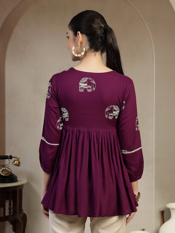 Gulmohar Jaipur Rayon Hip Length Printed 3/4 Sleeves V-Neck Flared Top