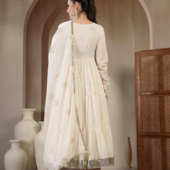 Gulmohar Jaipur Malmal Calf Length Solid Full Sleeves Anrakha Neck Anarkali Kurta Suit Set