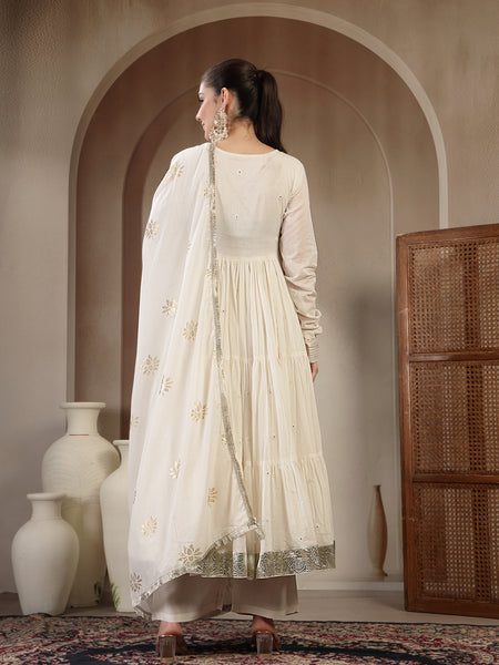 Gulmohar Jaipur Malmal Calf Length Solid Full Sleeves Anrakha Neck Anarkali Kurta Suit Set