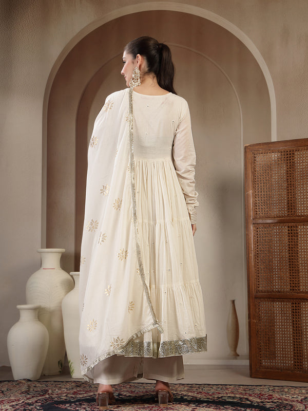 Gulmohar Jaipur Malmal Calf Length Solid Full Sleeves Anrakha Neck Anarkali Kurta Suit Set