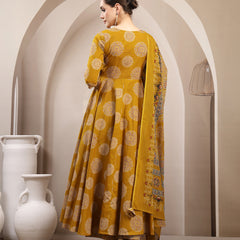 Gulmohar Jaipur Cotton Calf Length Printed 3/4 Sleeve V-Neck Anarkali Kurta Suit Set