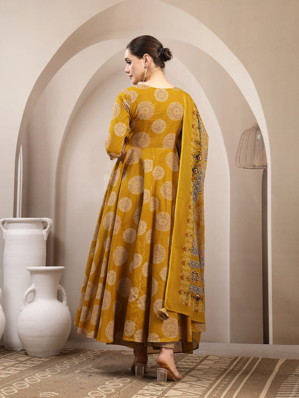 Gulmohar Jaipur Cotton Calf Length Printed 3/4 Sleeve V-Neck Anarkali Kurta Suit Set