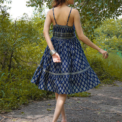 Gulmohar Jaipur Cotton Knee Length Printed Strappy Sleeve V-Neck Flared Dress