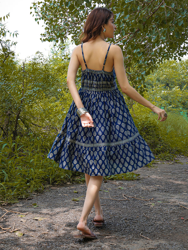 Gulmohar Jaipur Cotton Knee Length Printed Strappy Sleeve V-Neck Flared Dress