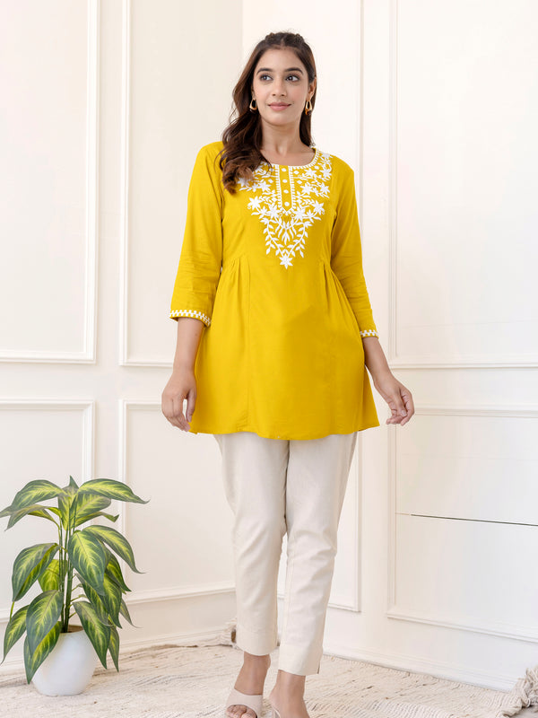 Yellow Rayon Hip Length Solid Round Neck Solid Embroidered Straight Top