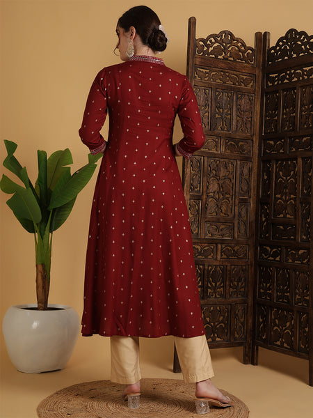 Maroon Rayon Calf Length Solid Semi-Flared V-Neck Kurta
