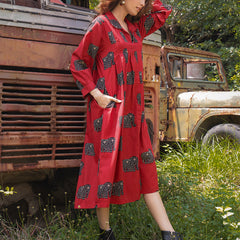Gulmohar Jaipur Cotton Calf Length Printed Full Sleeve Shirt Collar Flared Dress