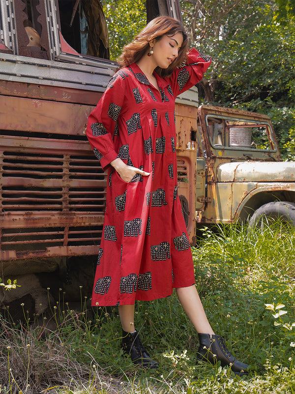 Gulmohar Jaipur Cotton Calf Length Printed Full Sleeve Shirt Collar Flared Dress