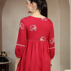 Gulmohar Jaipur Rayon Hip Length Printed 3/4 Sleeves V-Neck Flared Top