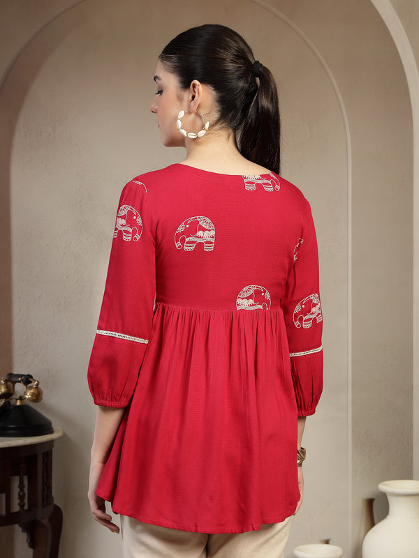 Gulmohar Jaipur Rayon Hip Length Printed 3/4 Sleeves V-Neck Flared Top