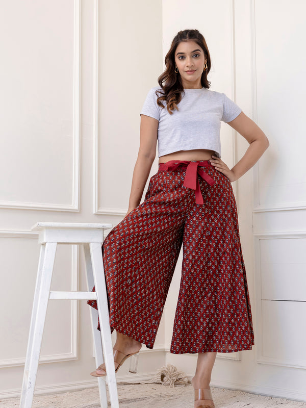 Maroon Cotton Calf Length Printed Flared Palazzo