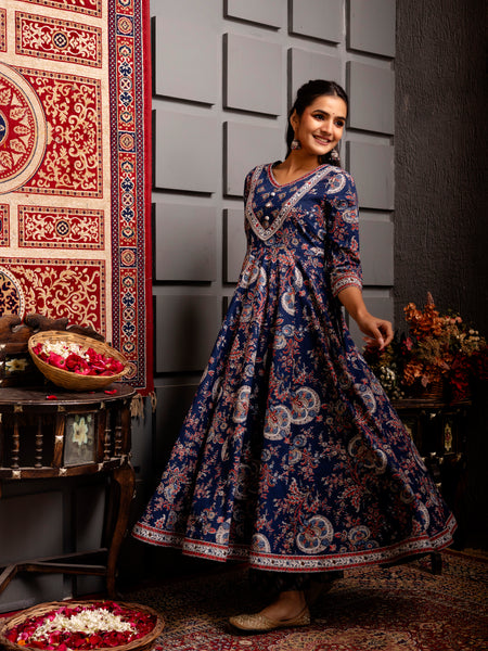 Wine Cotton Calf Length Printed Flared V-Neck Kurta Suit Set