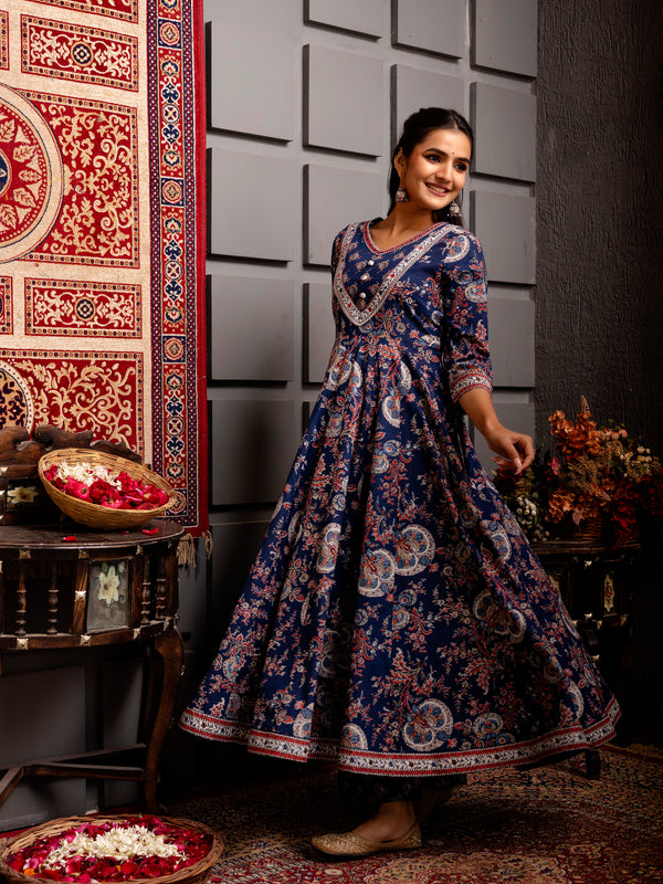 Blue Cotton Calf Length Printed Flared V-Neck Kurta Suit Set
