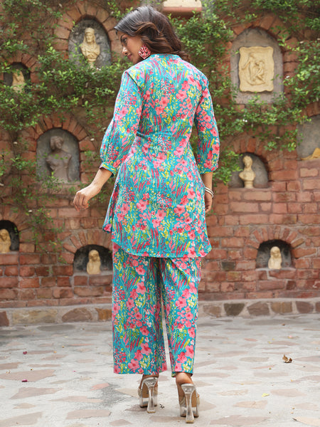 Blue Cotton Hip Length Printed Straight Mandarin Neck Top Palazzo Set