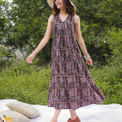 Gulmohar Jaipur Rayon Calf Length Printed Sleeveless V-Neck Flared Dress