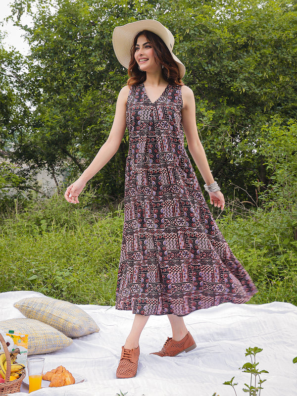 Gulmohar Jaipur Rayon Calf Length Printed Sleeveless V-Neck Flared Dress