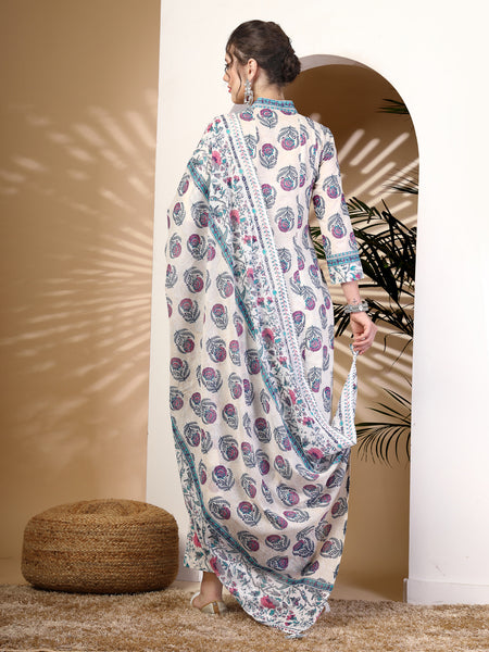 Blue Cotton Calf Length Printed V-Neck Anarkali Kurta Suit Set