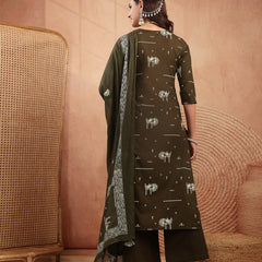 Gulmohar Jaipur Rayon Calf Length Printed 3/4 Sleeves V-Neck Straight Kurta Suit Set