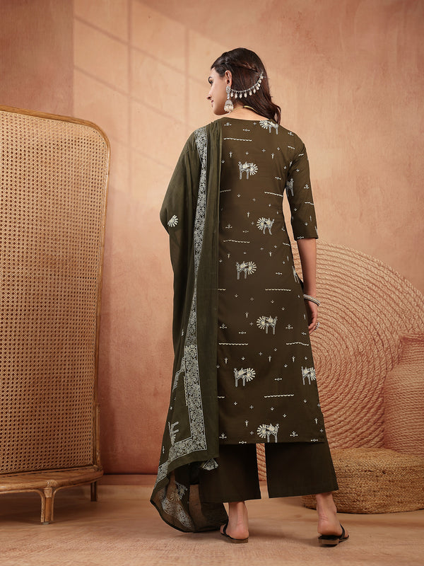 Gulmohar Jaipur Rayon Calf Length Printed 3/4 Sleeves V-Neck Straight Kurta Suit Set