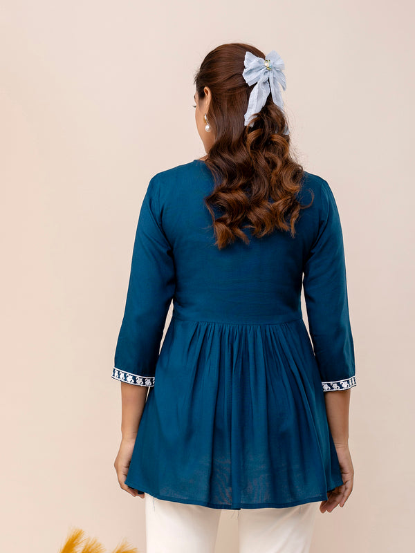 Blue Rayon Hip Length Solid V-Neck Solid Embroidered Semi-Flared Top