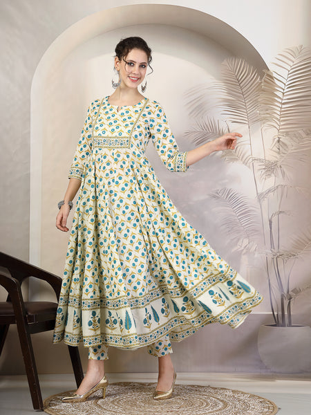 Rama Cotton Calf Length Printed Round Neck Anarkali Kurta Suit Set