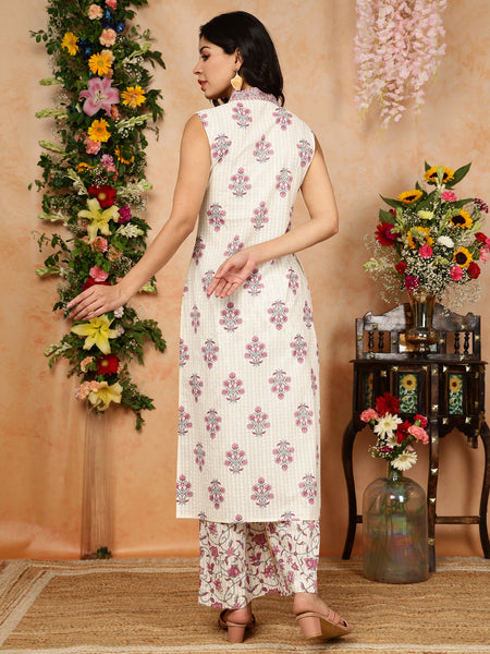 Pink Cotton Calf Length Printed Collared Straight Kurta Palazzo Set