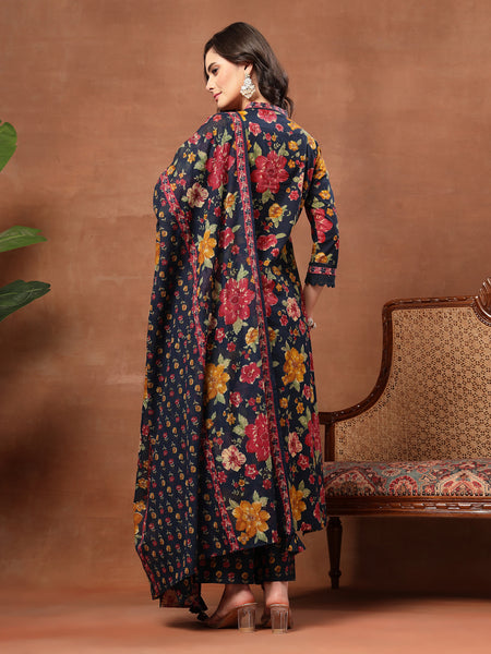 Cotton Calf Length Printed 3/4 Sleeves V-Neck Flared Kurta Suit Set