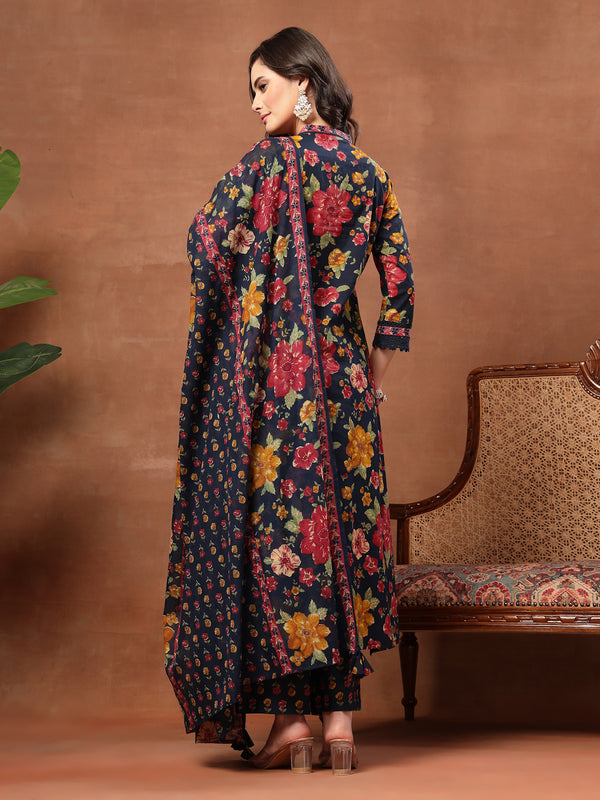 Cotton Calf Length Printed 3/4 Sleeves V-Neck Flared Kurta Suit Set