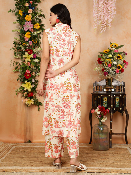 Peach Rayon Calf Length Printed Collared Straight Kurta Palazzo Set