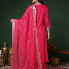 Pink Rayon Calf Length Solid 3/4 Sleeves Round Neck Straight Kurta Suit Set