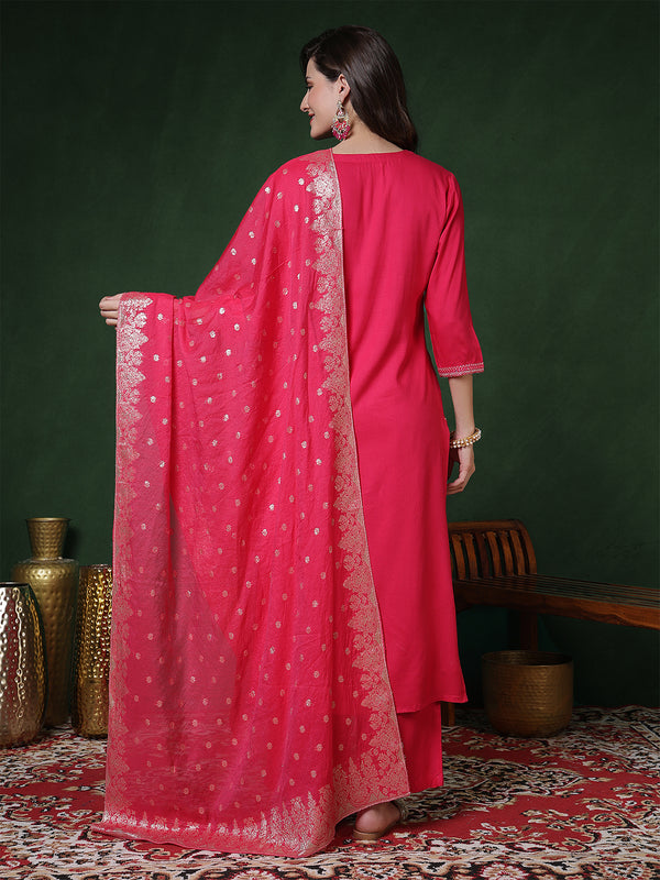 Pink Rayon Calf Length Solid 3/4 Sleeves Round Neck Straight Kurta Suit Set