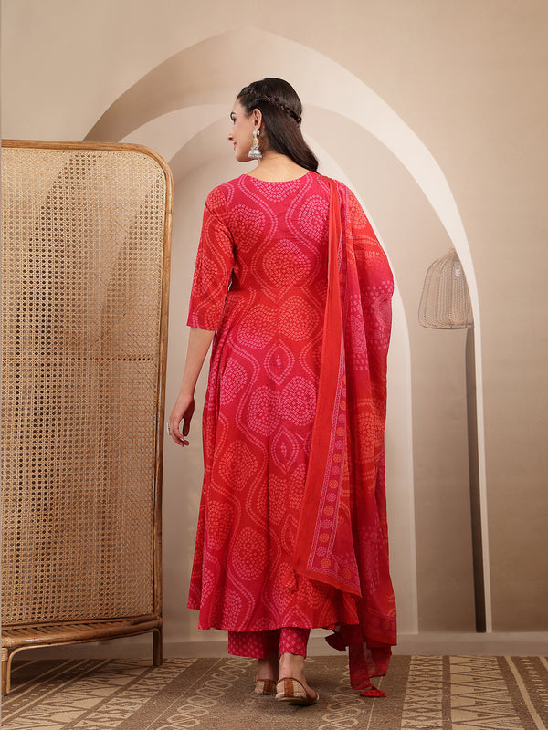 Gulmohar Jaipur Cotton Calf Length Printed 3/4 Sleeves V-Neck Flared Kurta Suit Set