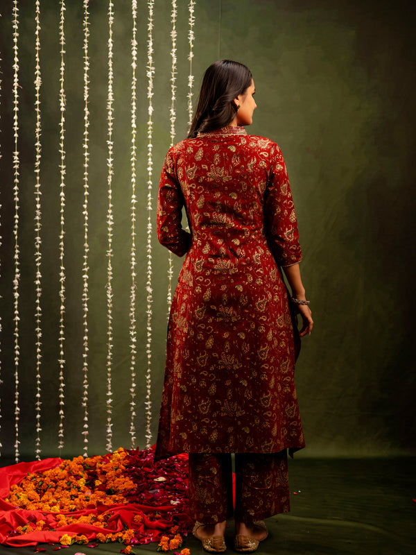 Maroon Cotton Calf Length Printed A-Line V-Neck Kurta Palazzo Set